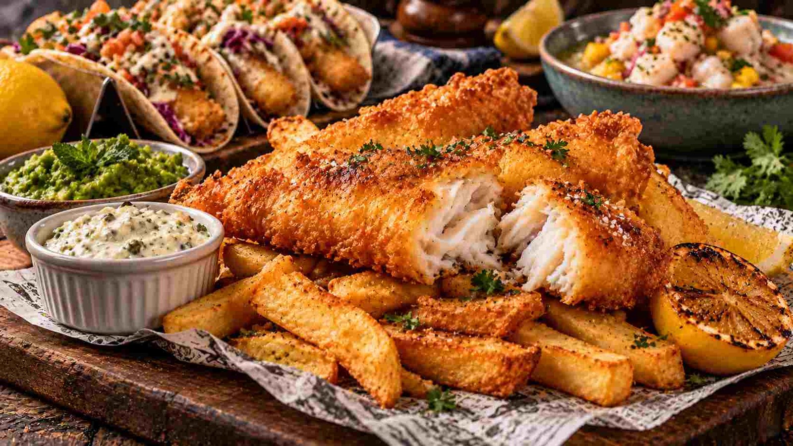 Fish recipes — crispy golden beer-battered fish and chips served with tartar sauce and lemon