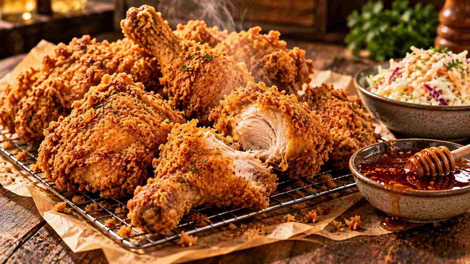 Fried chicken recipe — golden crispy fried chicken drumsticks resting on a wire rack with dipping sauces
