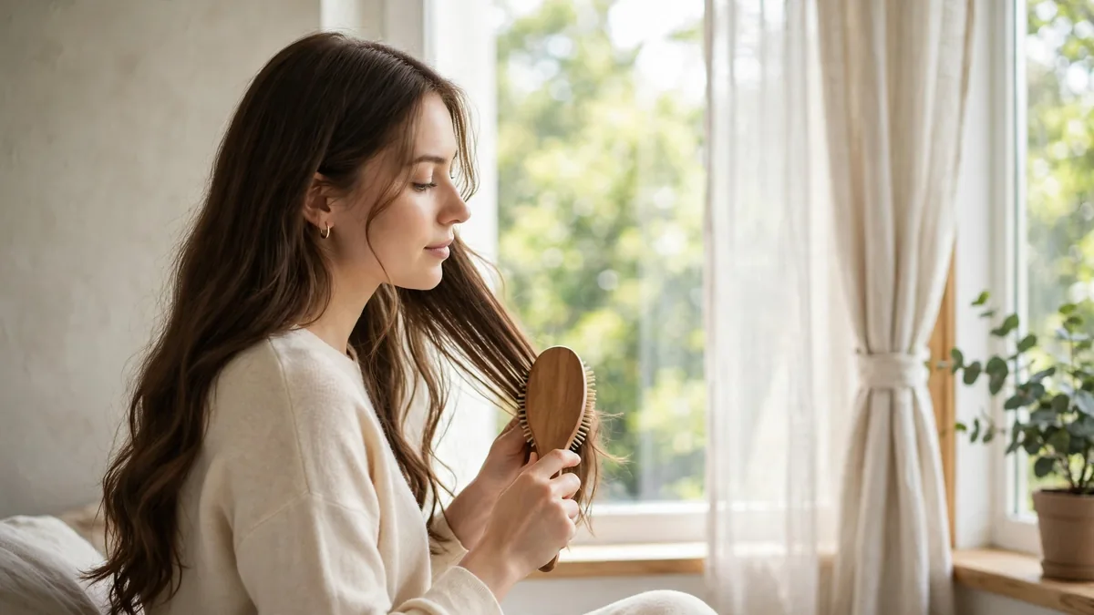 Woman gently brushing her long brown hair by a bright window in Dubai, showing calm daily hair care at home