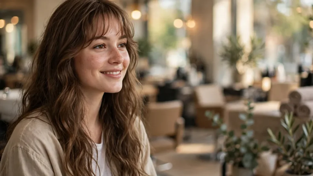 Woman with wispy curtain bangs and long wavy hairstyles with bangs