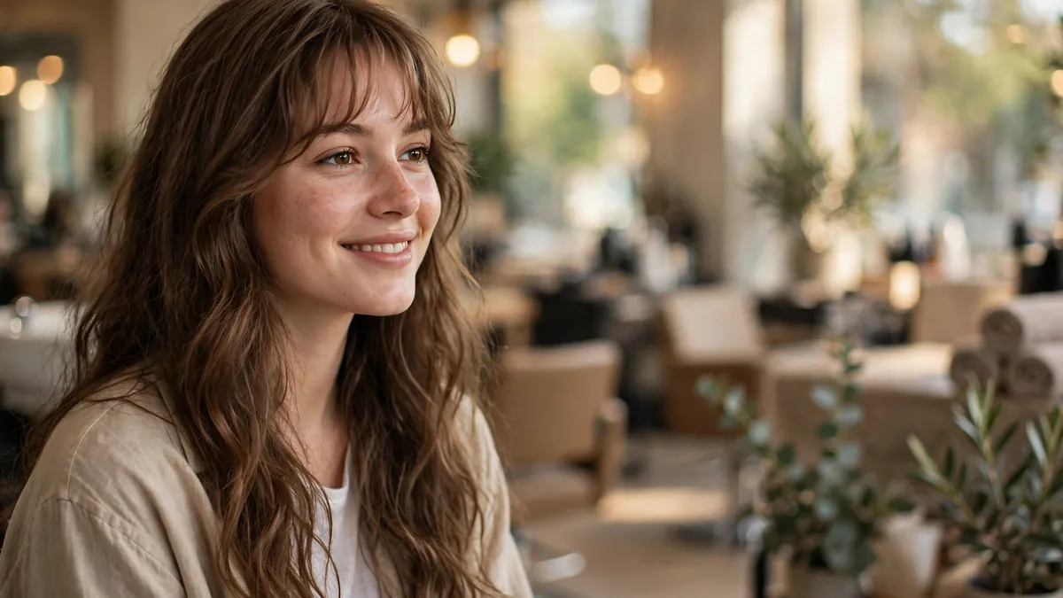 Woman with wispy curtain bangs and long wavy hairstyles with bangs