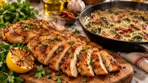 Chicken breast recipes — tender sliced pan-seared chicken breast served with creamy Tuscan garlic sauce