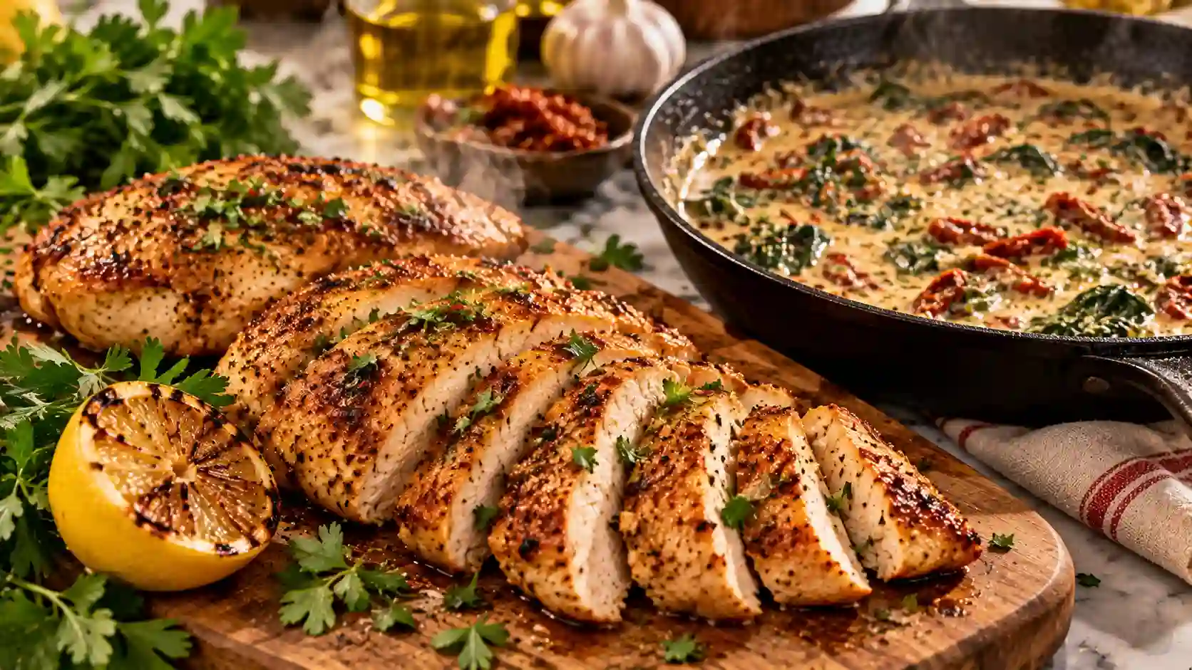 Chicken breast recipes — tender sliced pan-seared chicken breast served with creamy Tuscan garlic sauce