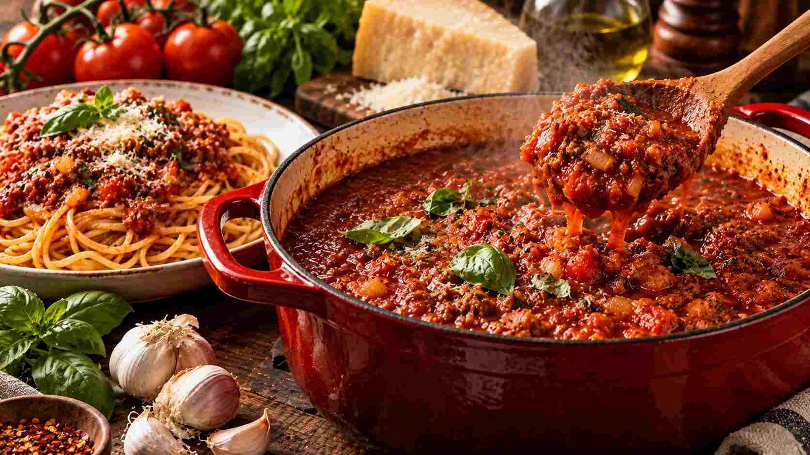 Homemade spaghetti sauce — a pot of rich simmering tomato sauce with fresh basil and garlic on a wooden table