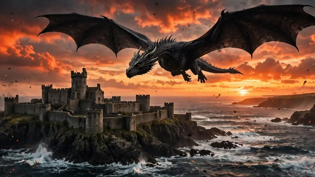 A giant dragon soaring over a seaside castle at sunset — House of the Dragon season 2 complete guide