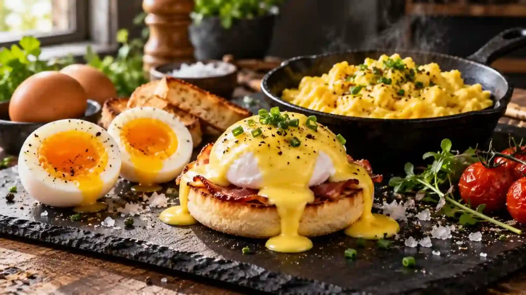 How to boil eggs — soft-boiled eggs sliced open displaying jammy golden yolks on a slate board