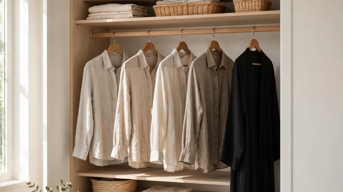 Neutral linen shirts and one dark abaya hanging on a rail in a bright, tidy wardrobe