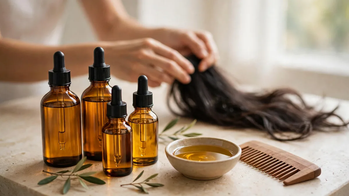 Amber glass hair oil bottles with droppers, a small bowl of golden oil and a wooden comb on a bright vanity, with hands smoothing oil through dark hair ends