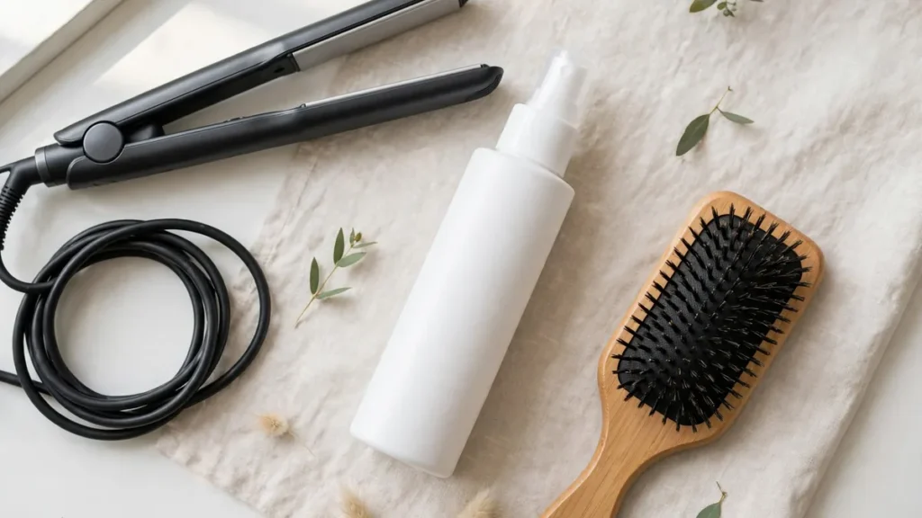 Sleek hair straightener with a heat protectant spray bottle and hair brush on a bright vanity, showing how to choose a hair straightener