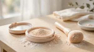 Open pot of loose setting powder beside a fluffy powder brush on a bright vanity