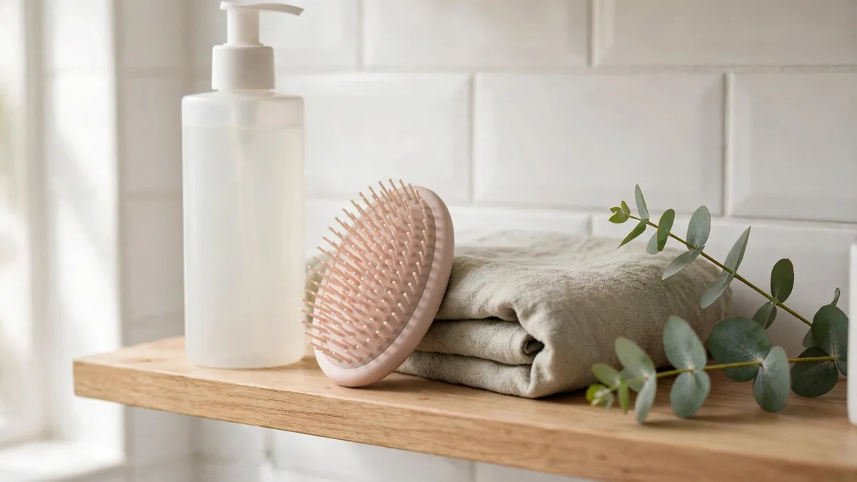 Unlabelled shampoo bottle, scalp brush and folded towel on a bright bathroom shelf with a eucalyptus sprig
