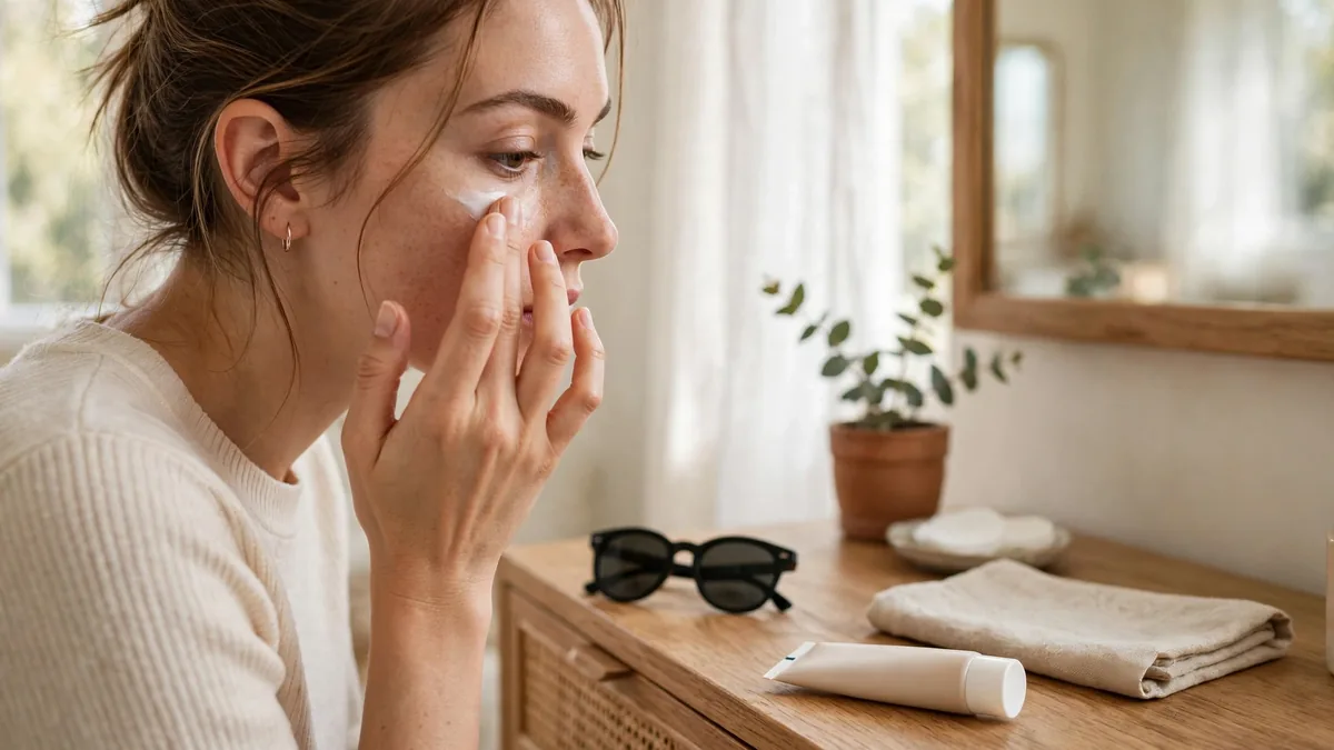 Woman applying under-eye cream at a bright wooden vanity with sunglasses and an unlabelled sunscreen tube on the table