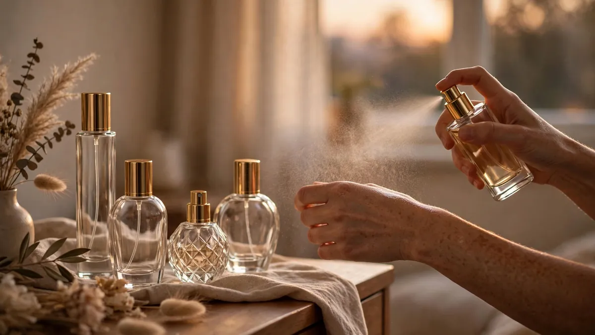 Unlabelled glass perfume bottles with gold caps on a warm-lit wooden dresser while a hand sprays perfume onto a wrist in soft evening light