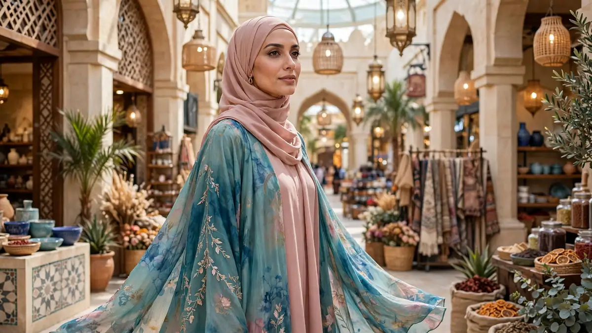 Elegant woman wearing a flowing blue and blush coloured abaya with a soft pink hijab in a bright Dubai souk, showing how to style an abaya for a shopping day
