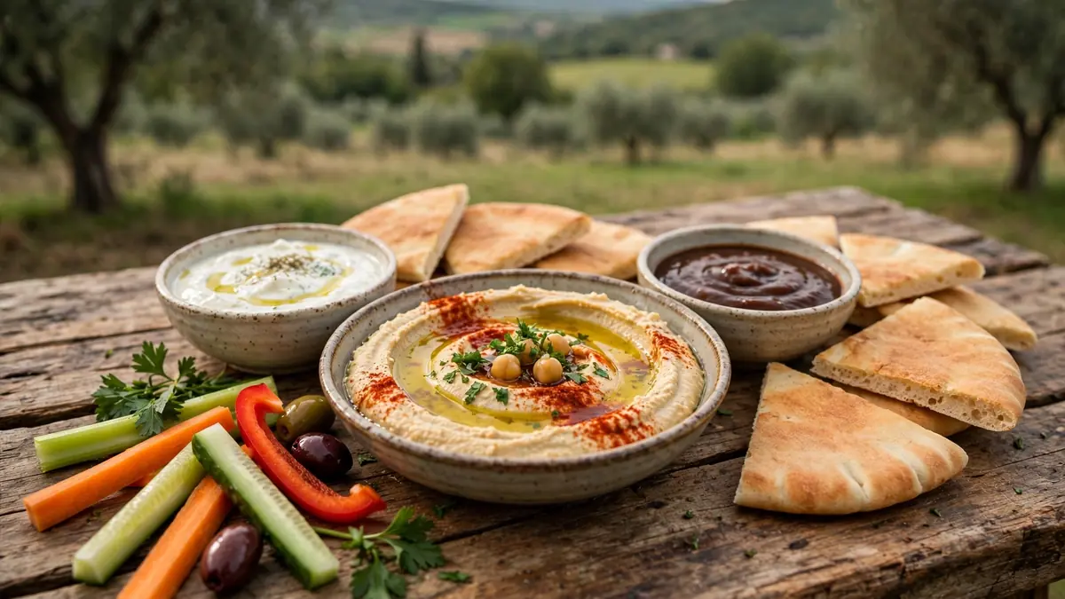 Creamy hummus bowl with olive oil surrounded by white sauce, BBQ sauce, pita bread and fresh vegetables