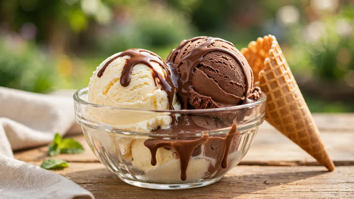 Homemade ice cream recipe: scoops of vanilla and chocolate ice cream in a glass bowl with chocolate drizzle and a waffle cone