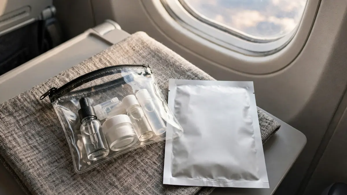A clear pouch of unlabelled travel-size skincare minis and a plain sheet mask packet on an aeroplane tray table beside a window