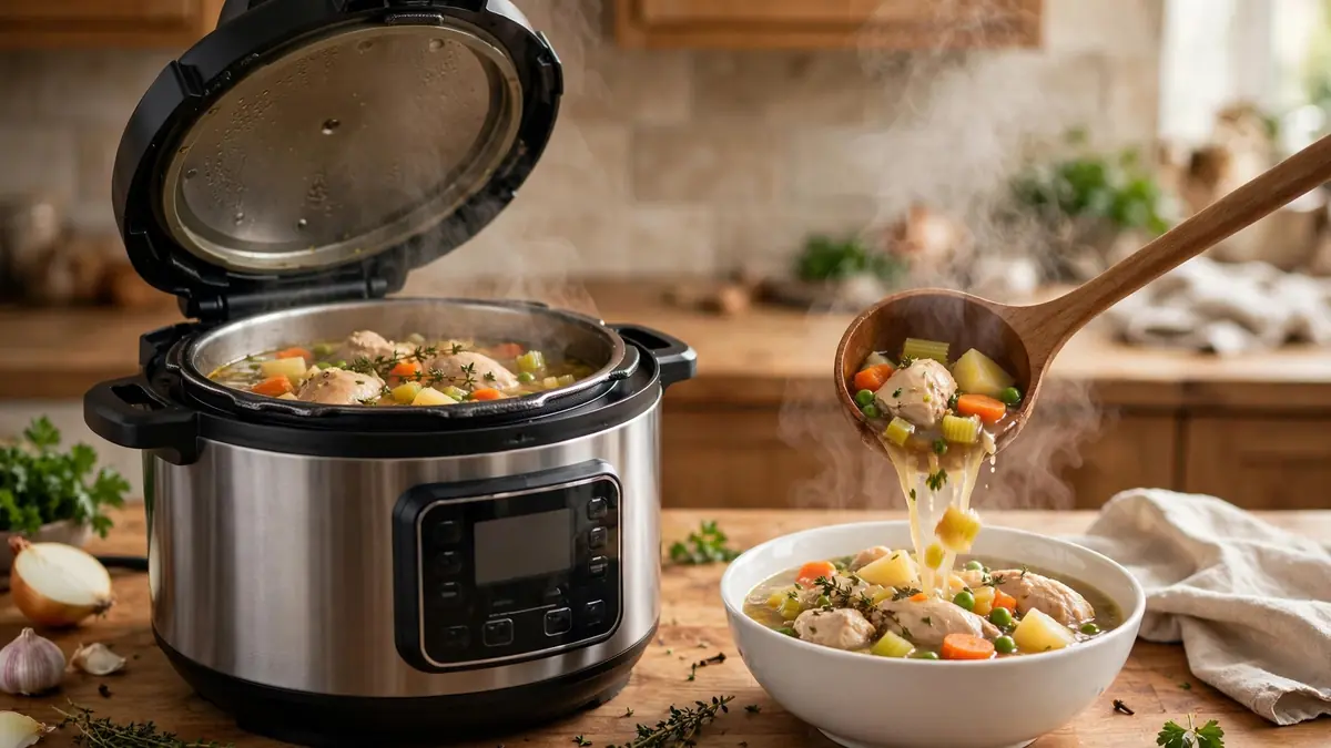 Instant pot chicken recipes: steaming chicken stew being served from an electric pressure cooker into a bowl