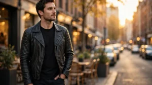 Man wearing a black leather biker jacket on a city street at golden hour