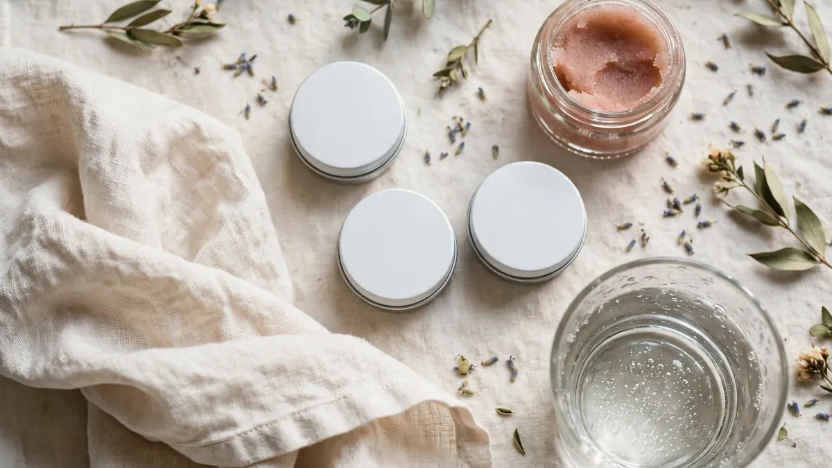 Bright vanity flat-lay with small unlabelled lip balm pots, a pink lip scrub jar, a soft cloth and a glass of water in soft daylight