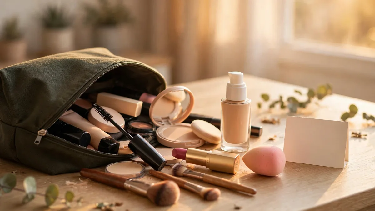 Open makeup bag spilling mascara, lipstick, foundation, brushes and a sponge across a sunlit vanity beside a blank calendar card
