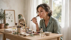 Elegant mature woman applying cream makeup with a brush at a bright vanity in natural light