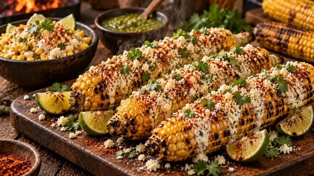 Mexican street corn recipe — charred grilled corn on the cob coated with cotija cheese, crema, and chili powder