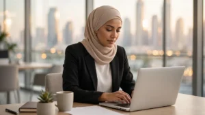 Professional woman reviewing employment documents on a laptop in a Dubai office with a blurred skyline view