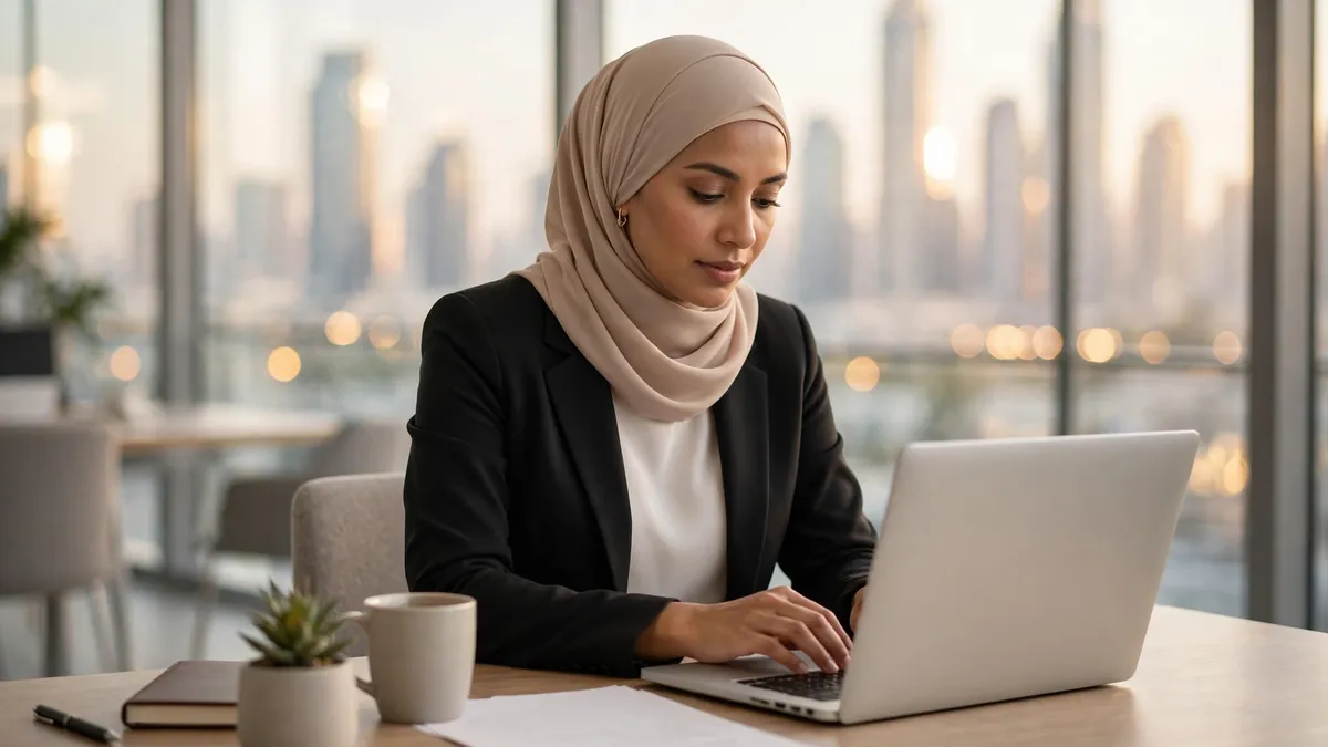 Professional woman reviewing employment documents on a laptop in a Dubai office with a blurred skyline view