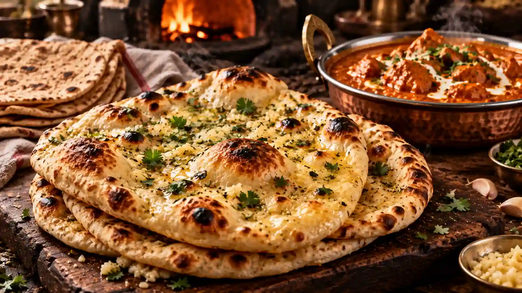 Naan bread recipe — freshly baked blistered garlic butter naan bread stacked on a wooden board