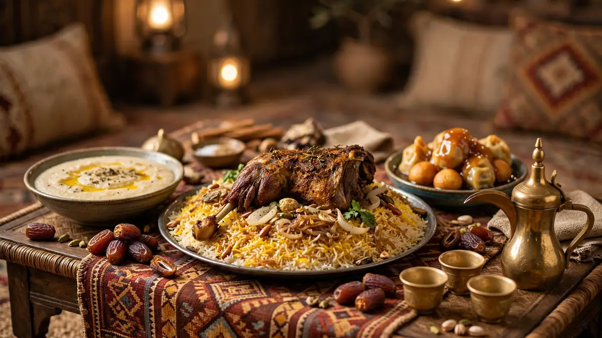 Traditional Emirati food spread with machboos rice, harees, luqaimat dumplings, dates and Arabic coffee