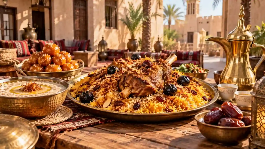National dish of uae — authentic fragrant Al Machboos served on a traditional heritage platter with Emirati sides
