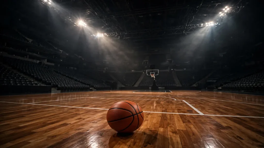 Basketball on a polished court in a dark arena under floodlights at night