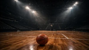 Basketball on a polished court in a dark arena under floodlights at night