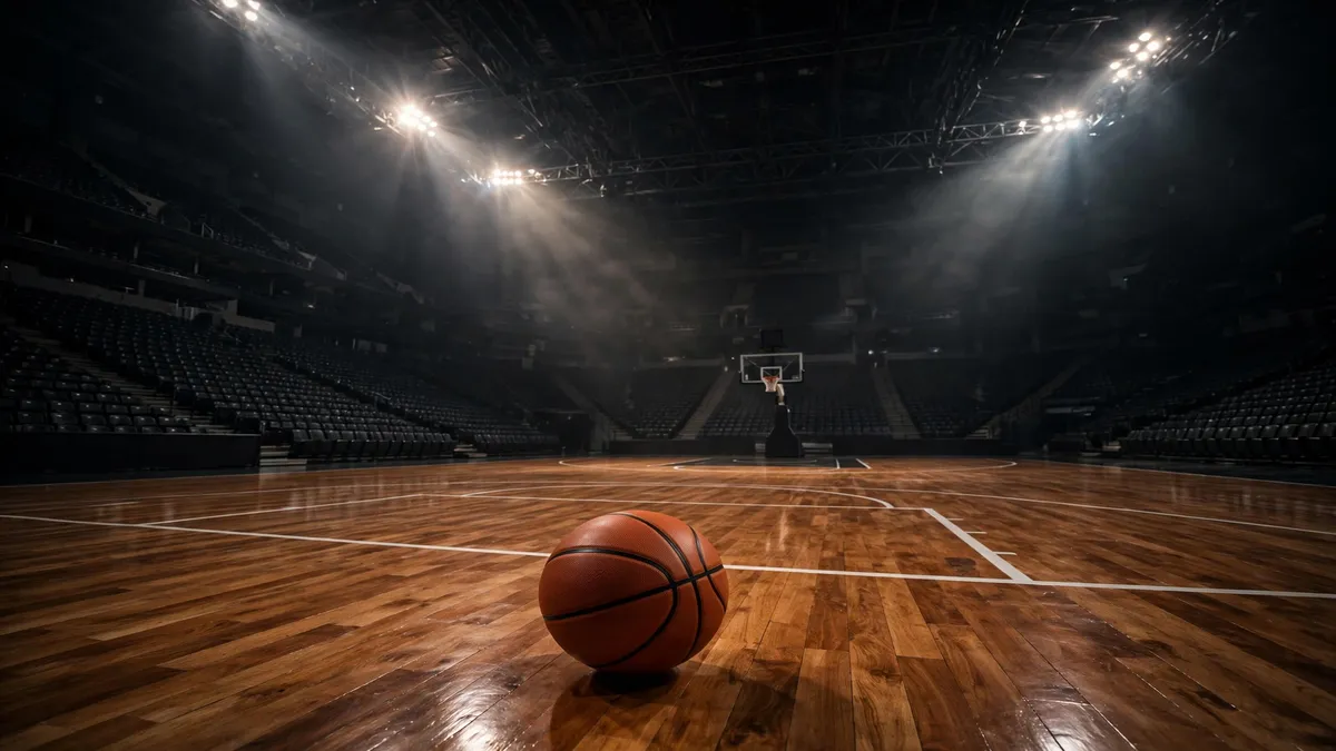 Basketball on a polished court in a dark arena under floodlights at night