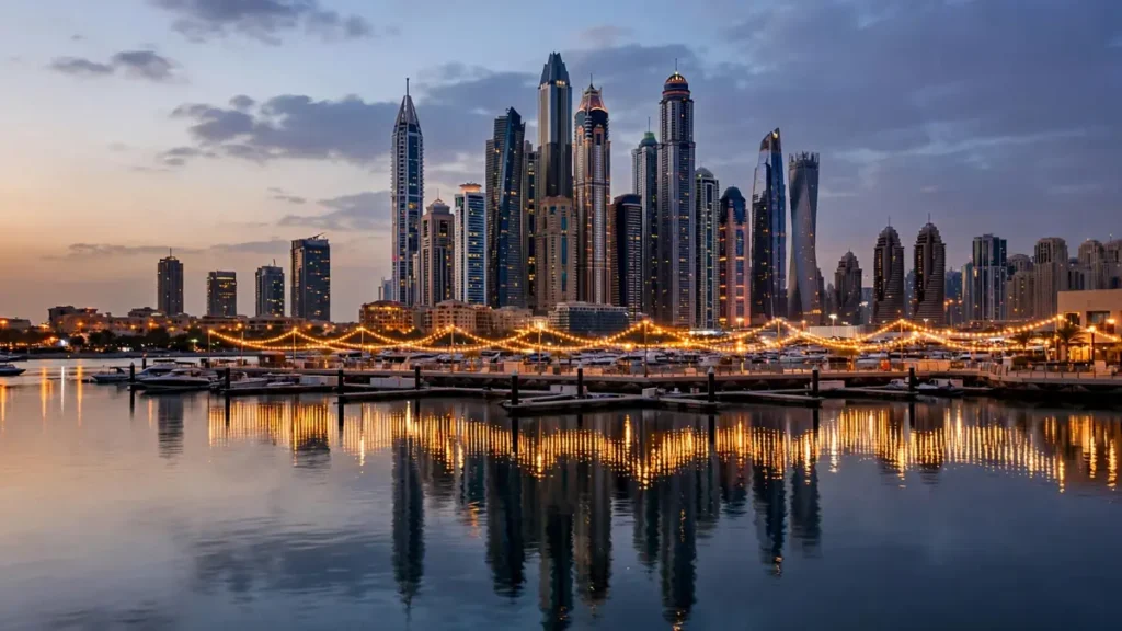 Dubai skyline at dusk during the UAE public holiday season