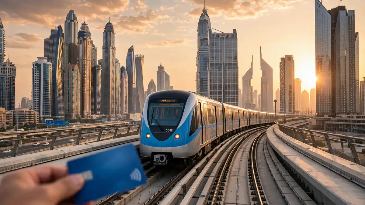 Hand holding a blue Nol transit card with a Dubai metro train on an elevated track at sunset