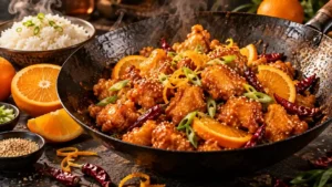 Orange chicken recipe — crispy golden chicken bites tossed in a glossy orange glaze with sesame seeds