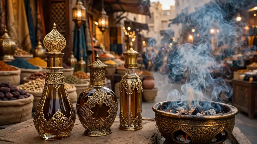 Ornate oud perfume oil bottles beside a smoking bakhoor burner in a warm Dubai perfume souk