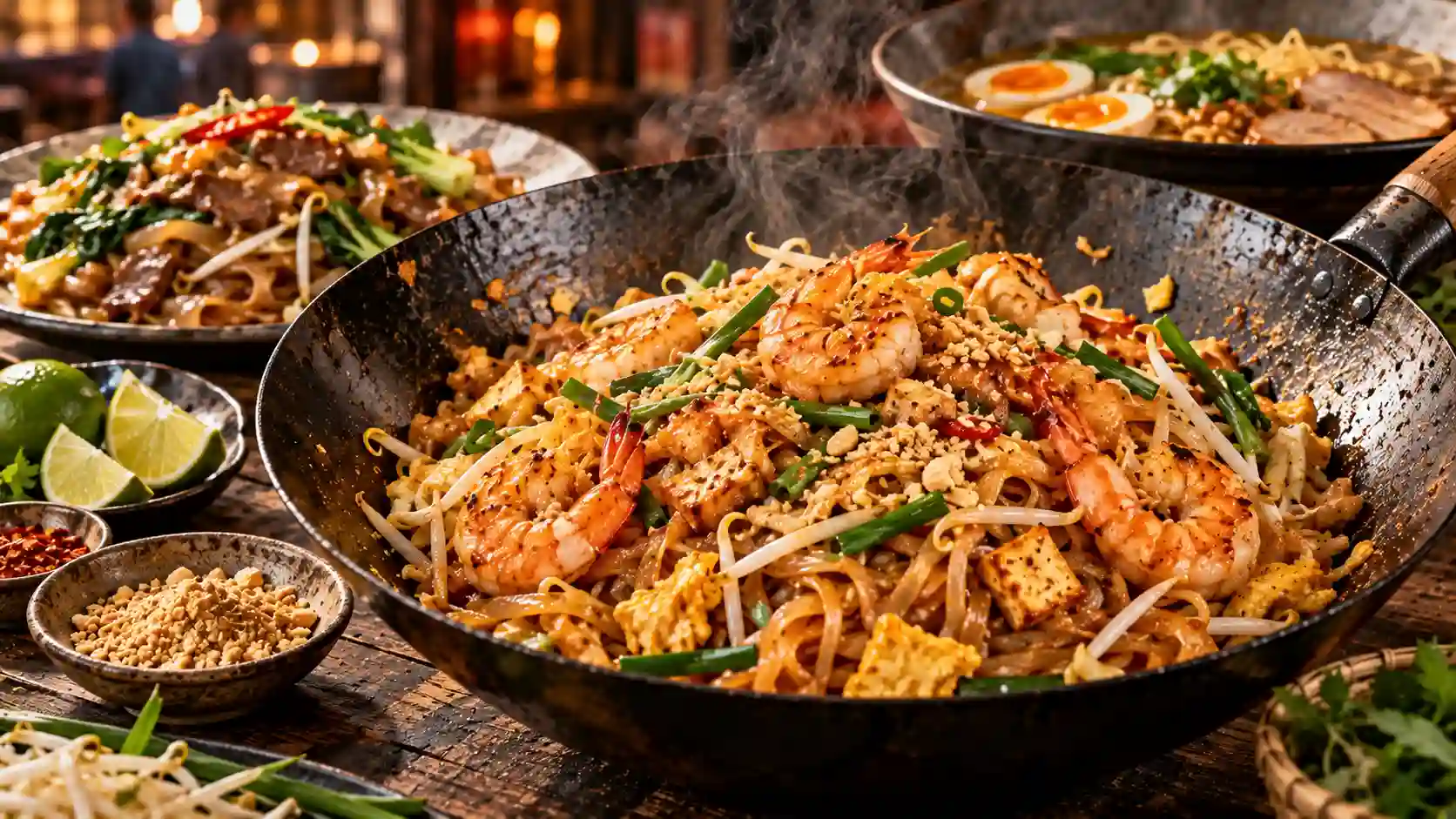 Pad thai recipe — authentic stir-fried rice noodles with shrimp, crushed peanuts, and lime wedges