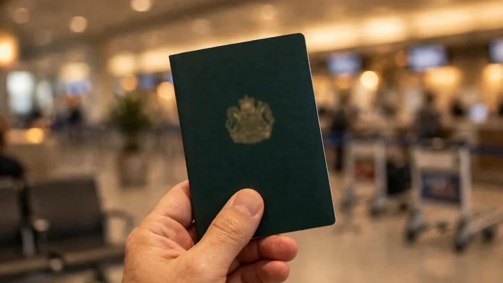 Hand holding a dark green passport in front of a blurred airport check-in hall