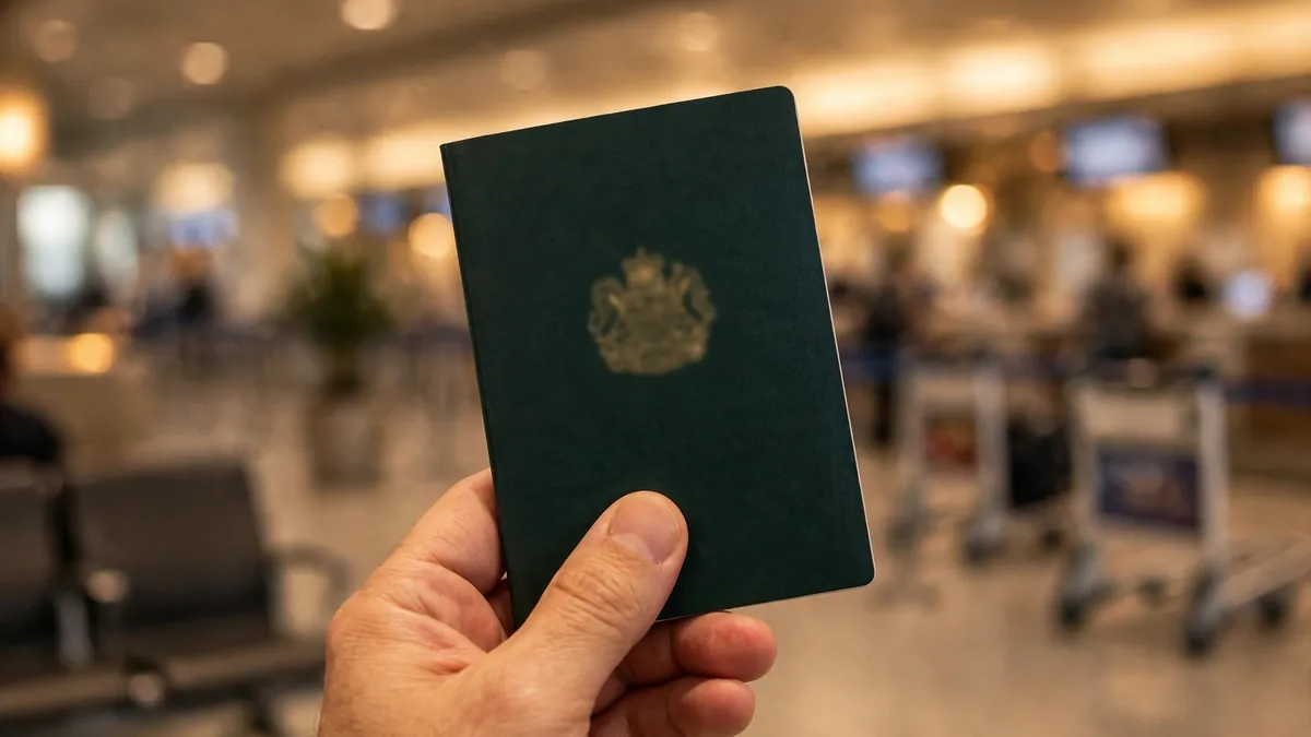 Hand holding a dark green passport in front of a blurred airport check-in hall