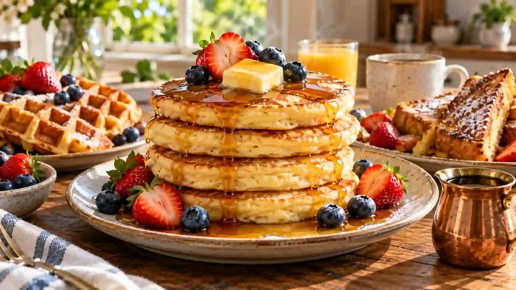 Pancake recipe — a tall stack of fluffy golden buttermilk pancakes with melting butter and maple syrup
