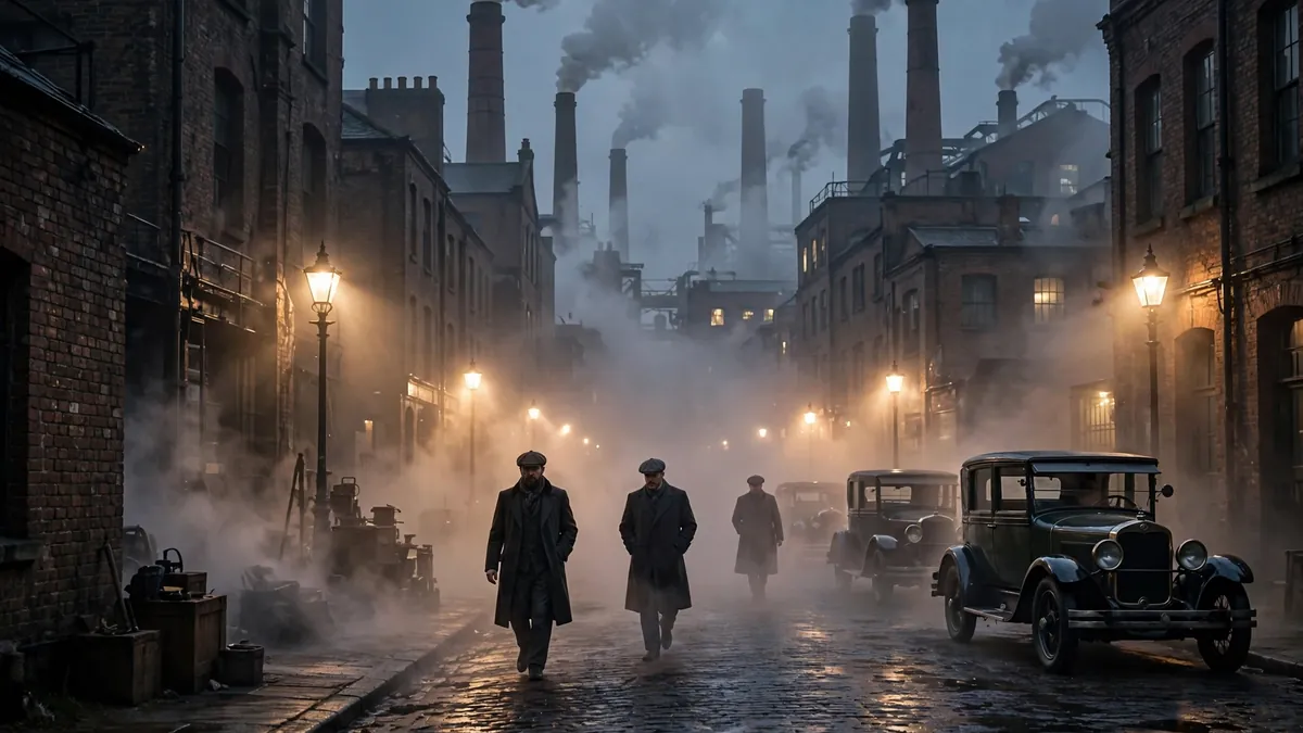 Peaky Blinders season 6 inspired scene of a 1920s Birmingham street with men in flat caps walking through fog at dusk