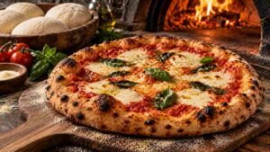 Pizza dough recipe — a freshly baked artisanal pizza with blistered crust on a wooden pizza peel