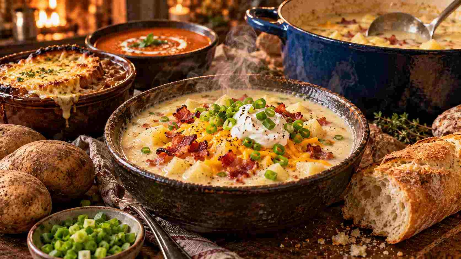 Potato soup recipe — a steaming bowl of loaded creamy potato soup topped with bacon and cheddar