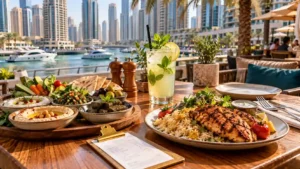 Prices in dubai for food — an appetizing cafe dining spread in Dubai illustrating dining meal costs