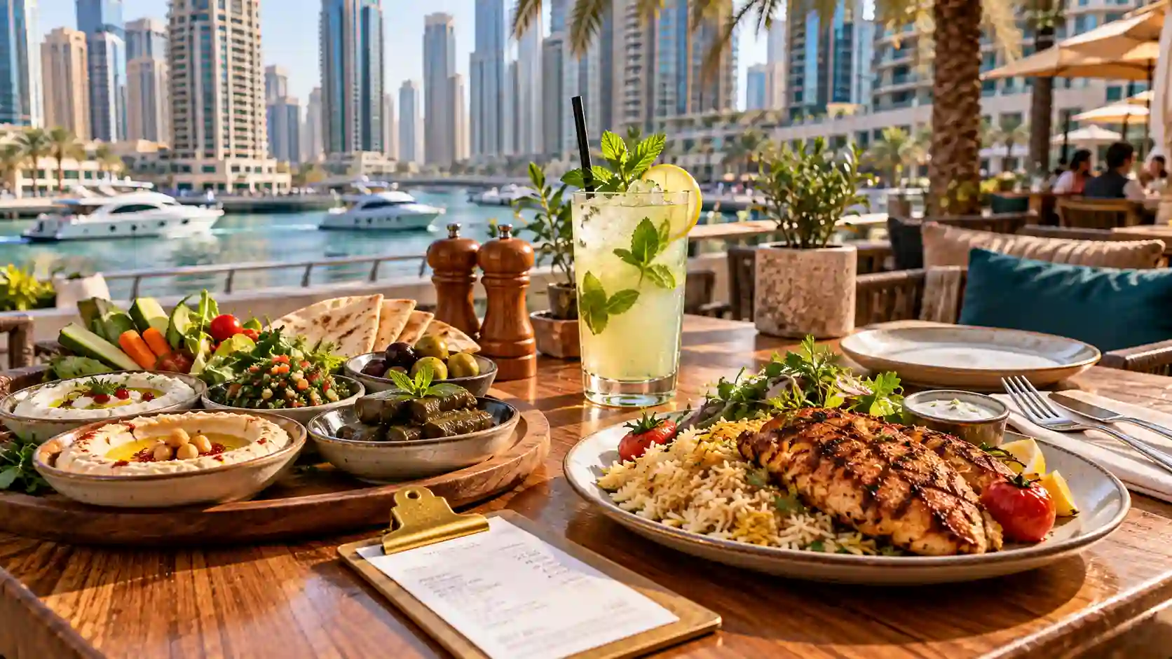 Prices in dubai for food — an appetizing cafe dining spread in Dubai illustrating dining meal costs