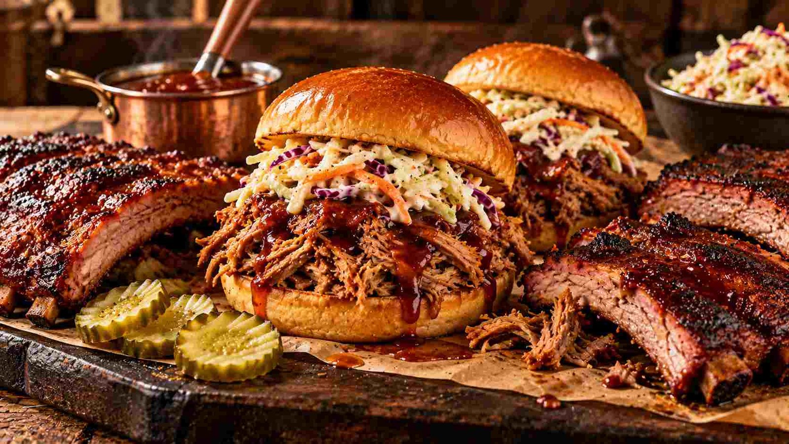 Pulled pork recipe — tender shredded barbecue pork piled on toasted buns with coleslaw and ribs