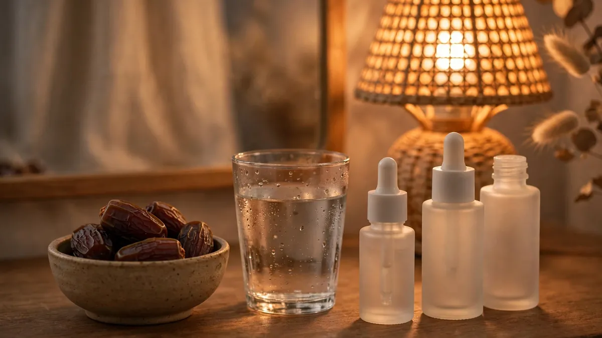 Unlabelled frosted skincare bottles beside a bowl of dates and a glass of water on a warmly lit evening vanity